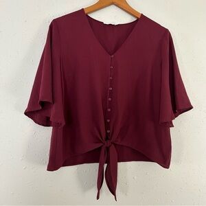 Lush Red Maroon Zinfandel Front Button Front Tie Flutter Sleeve Blouse Medium